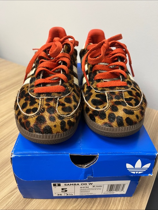 adidas Shoes - Adidas woman’s Samba OG Leopard Print Sneakers with Red-Orange Laces